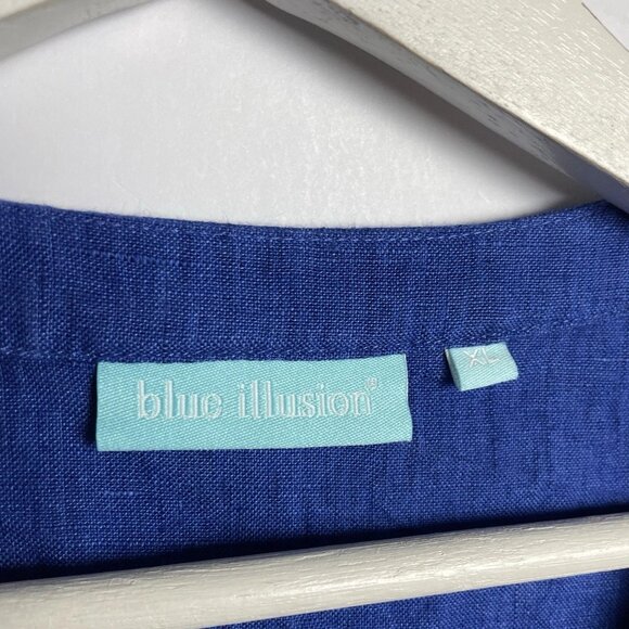 Blue Illusion Dress Size XL French Linen Blue Midi Short Sleeve - Picture 9 of 9